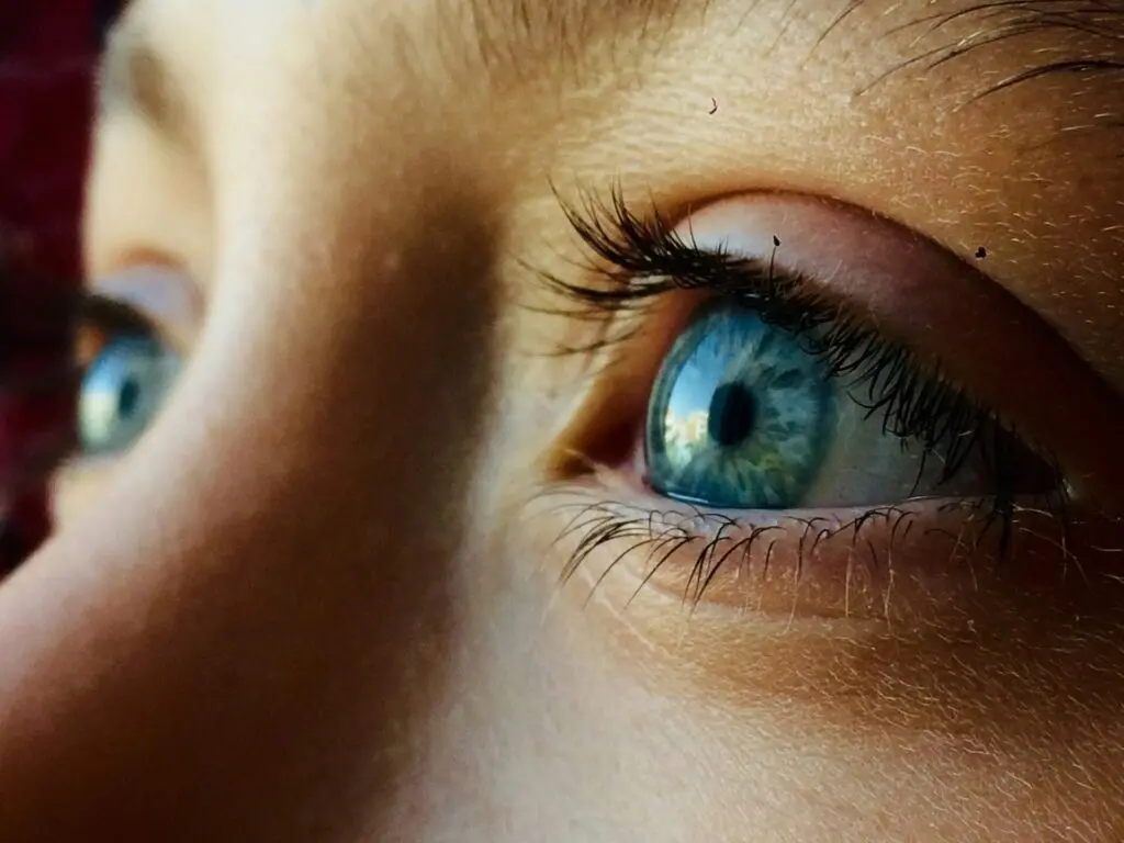 Close-up van een blauw oog dat naar boven kijkt